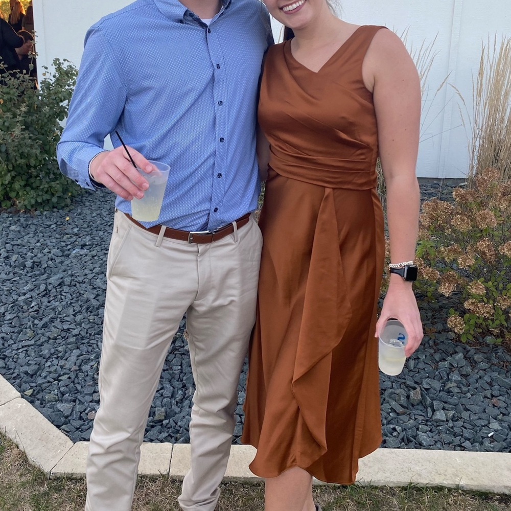 Burnt Orange Midi Satin Dress with Asymmetrical Neck Line